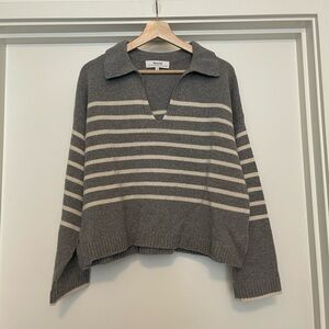 Madewell Gray and Cream Striped V-Neck Sweater